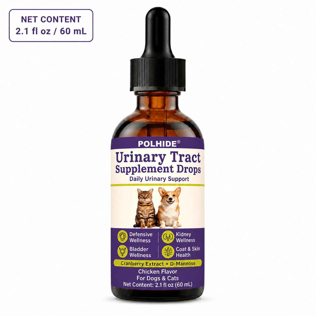 Polhide Urinary Herbal Supplement For Dogs& Cats, With Extract And D-mannose, Chicken Flavor, 2.1fl Oz(60ml)