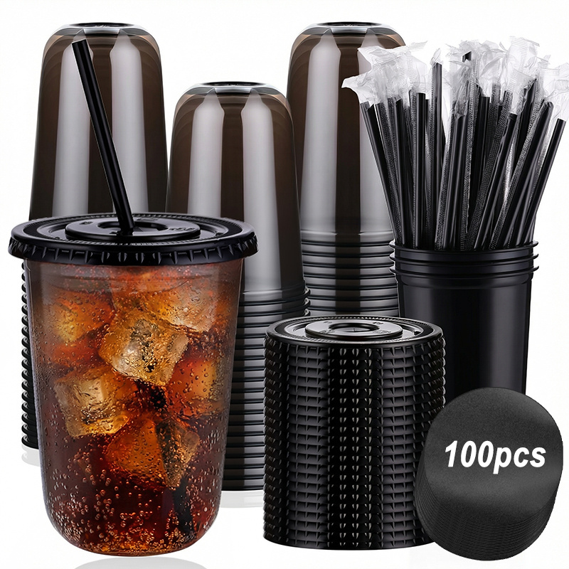 TEMU 400pcs 16oz Black (lid*100 Cup*100 Straw*100 Paper*100 400pcs) 19cm Thin Straw Plastic Cup Set, Black Transparent Iced Coffee Cup