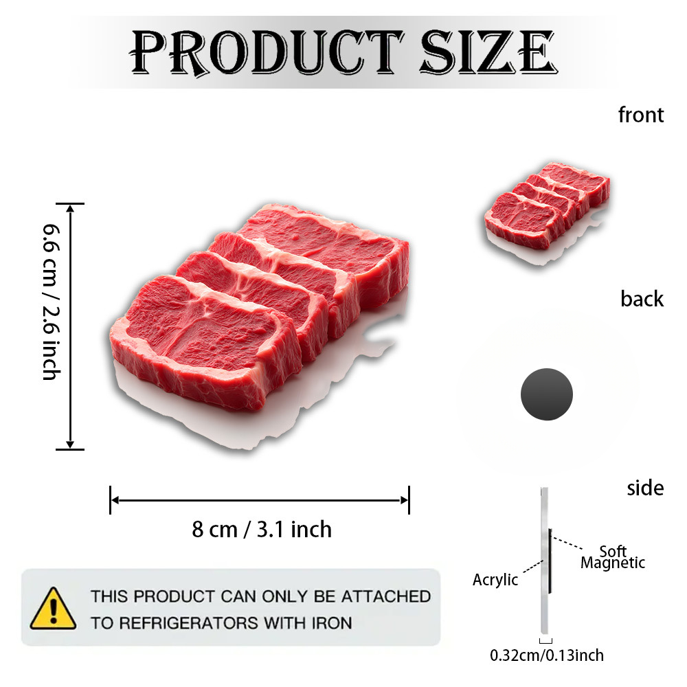TEMU 1pc Ultra-realistic Beef Magnet - Made Of Acrylic And Rubber-like Material, Glossy Texture, Showcasing Steak From To Cooked, Suitable For Fridge