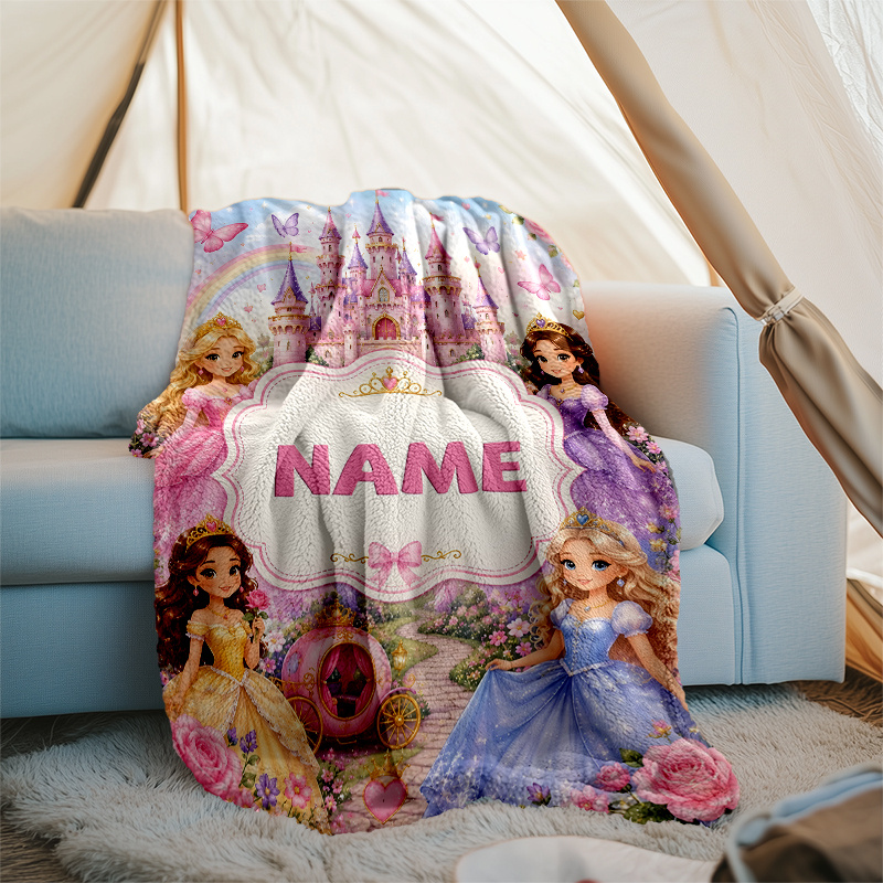 TEMU 1pc Personalized Custom Name Blanket - Princess Castle Print Design, Lightweight Flannel Blanket For Sofa, Bed, Travel, Camping - Soft And Warm,