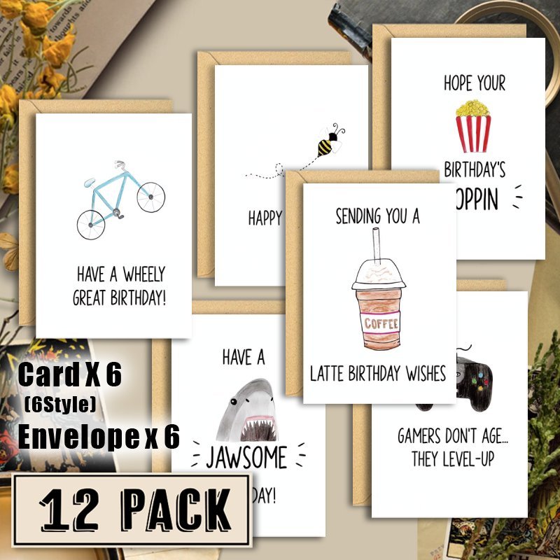 E-shop 12-teiliges lustiges Geburtstagskarten-Set mit Umschlägen, Wasserfarben-Illustrationen, leeren Notizkarten, 2,0 x 3,0 Zoll, goldenem