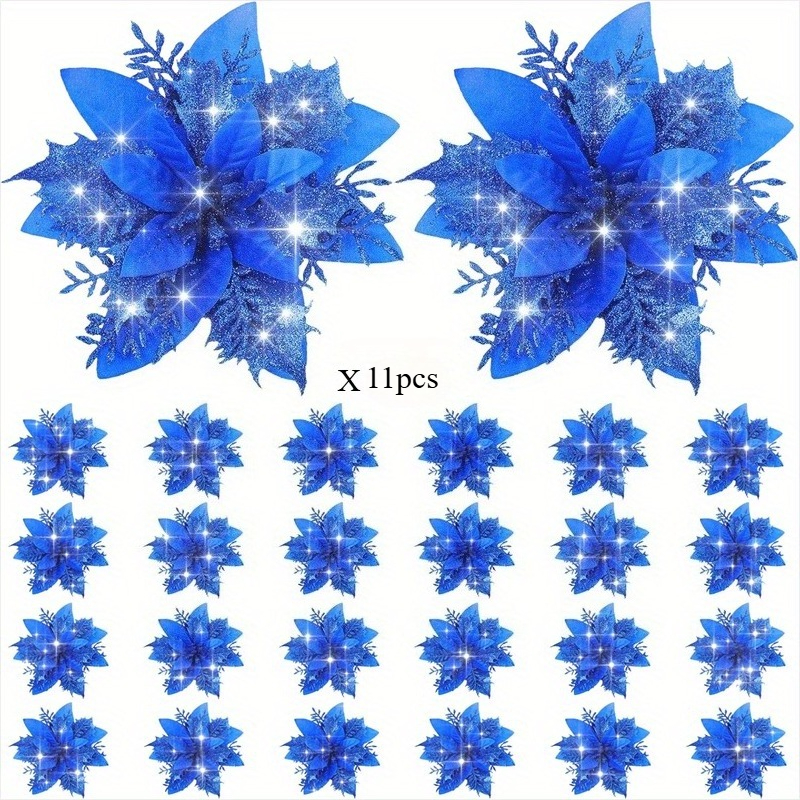 TEMU 11pcs Fleurs de Poinsettia à Paillettes - Parfaites pour Arbre de Noël, Couronnes & Décorations de Guirlandes, Décoration de Noël