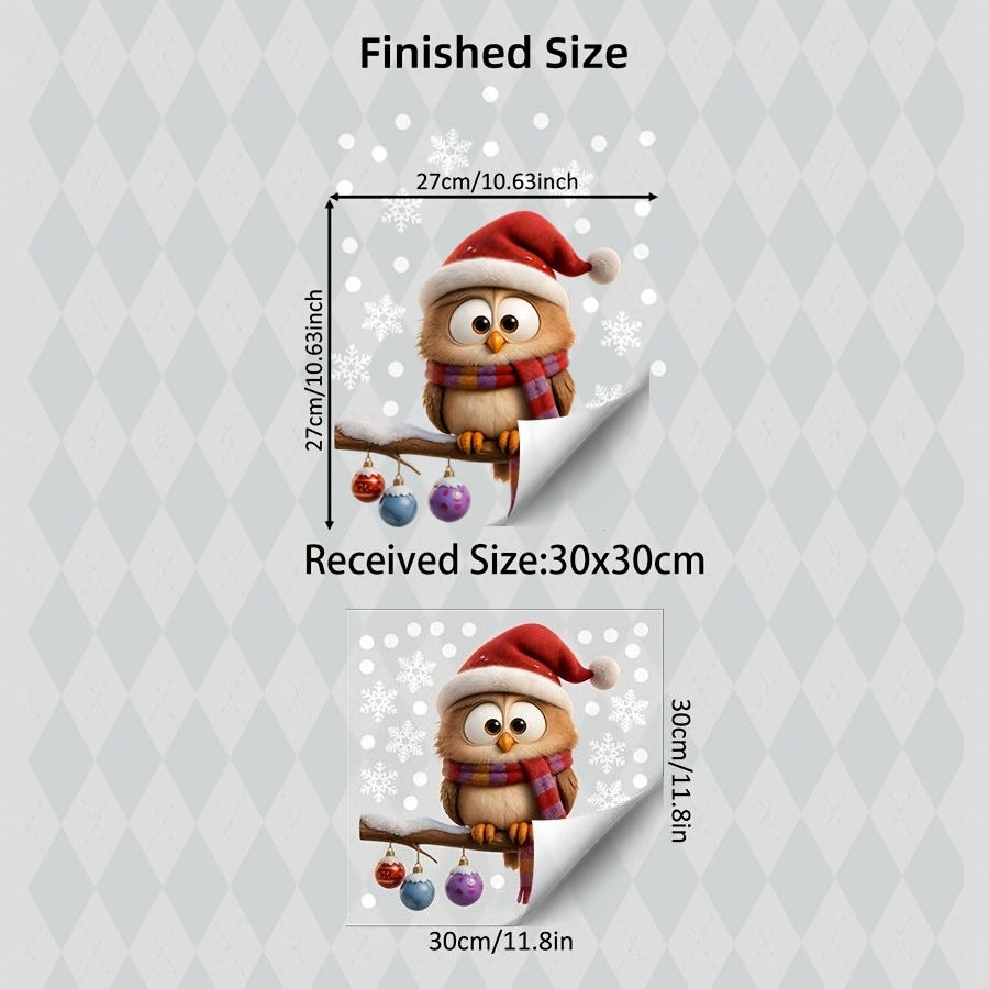 TEMU 1pc Winter Cute Owl Christmas Window Clings, Red Santa Hat Striped Scarf Colorful Ornament And Snowflake Patterns, Double-sided , Glue-free