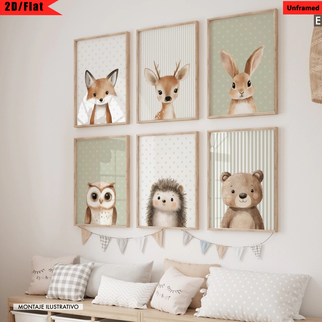 TEMU 2d Flat, 2d Flat, 2d/flat, Unframed, 6pcs, Woodland Animal Wall Art, Watercolor Forest Creature Prints, Sage Green And Neutral , Cute Fox Bear