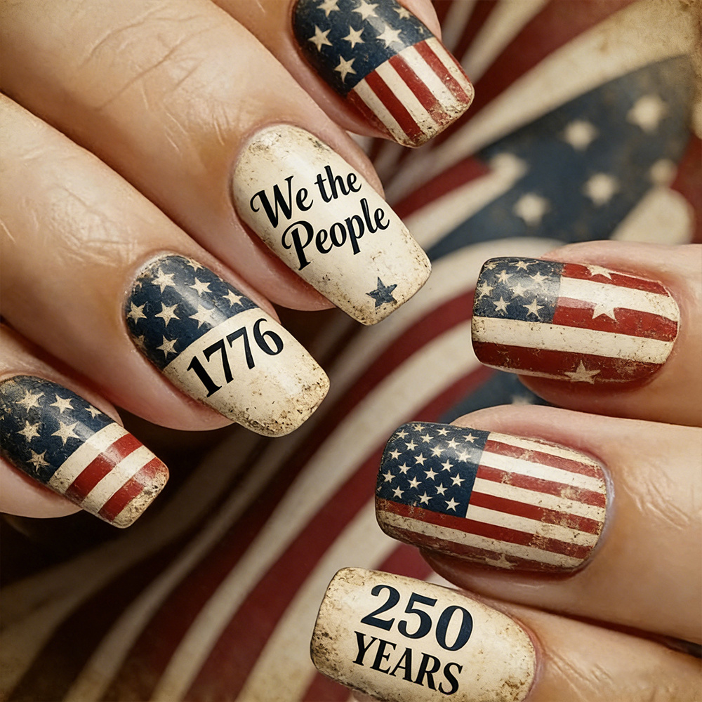 TEMU 72pcs 250th Anniversary Press On Nails Short Square, Reusable Glossy Full Cover Acrylic Fake Nails With Adhesive Tabs, Easy To Apply Patriotic