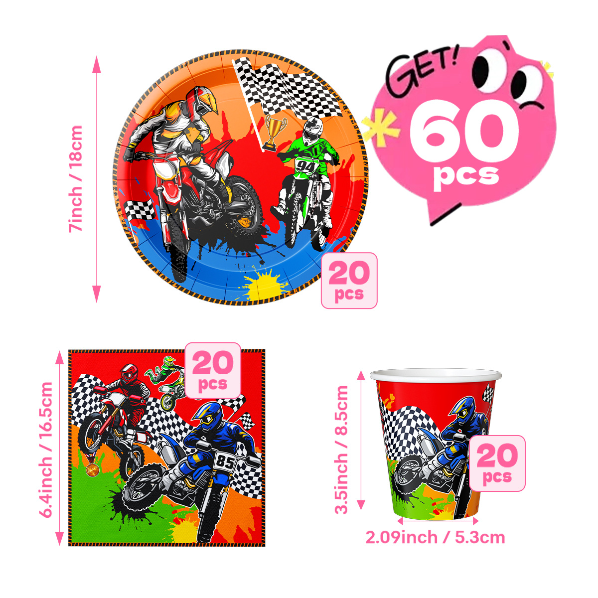 TEMU 60pcs Off-road Motorcycle Racing Theme Paper Party Tableware Set (20pcs 7-inch Plates, 20pcs Napkins, 20pcs Cups), Full Set Of Plates, Cups, And