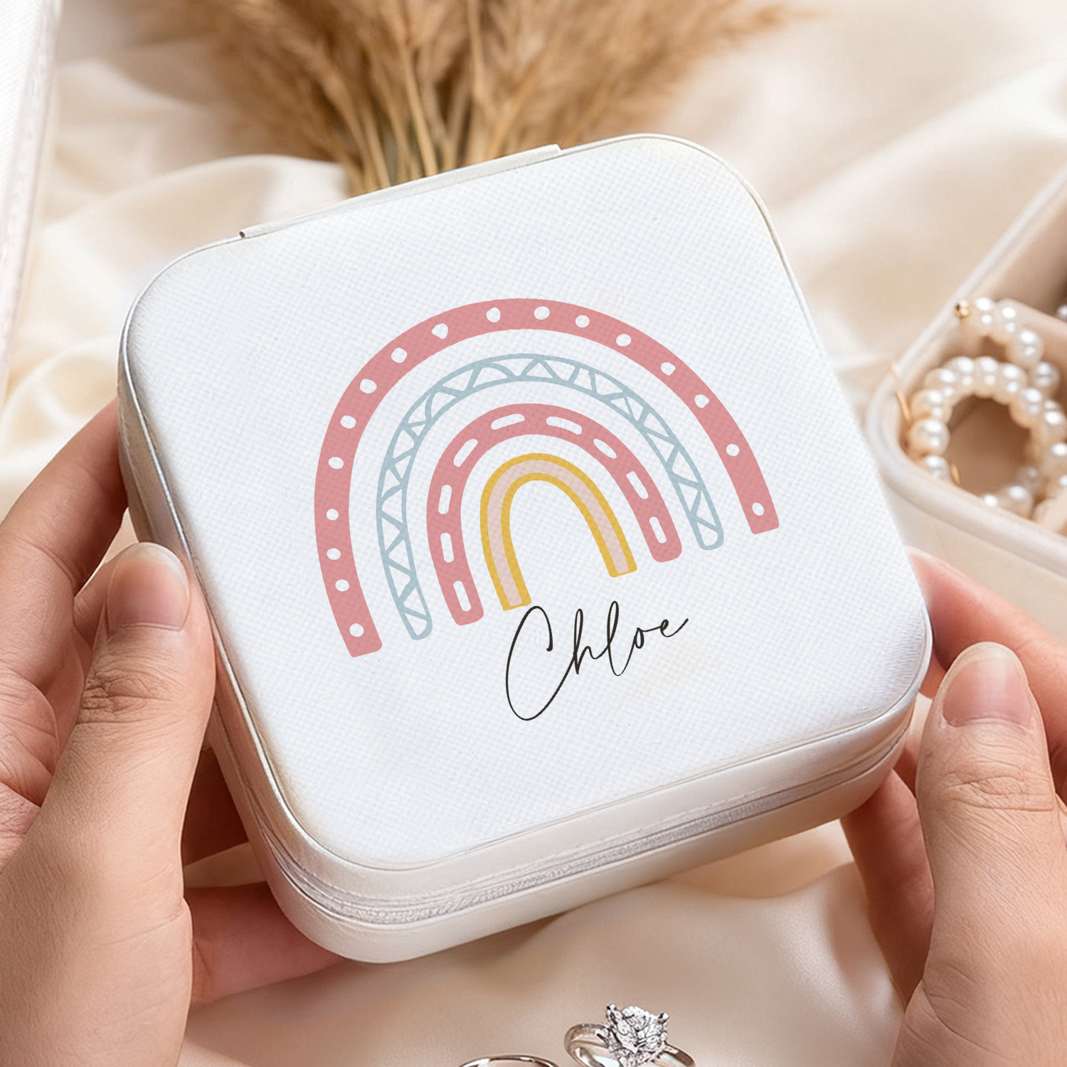 Personalized Name White Jewelry Organizer Box with Rainbow Design