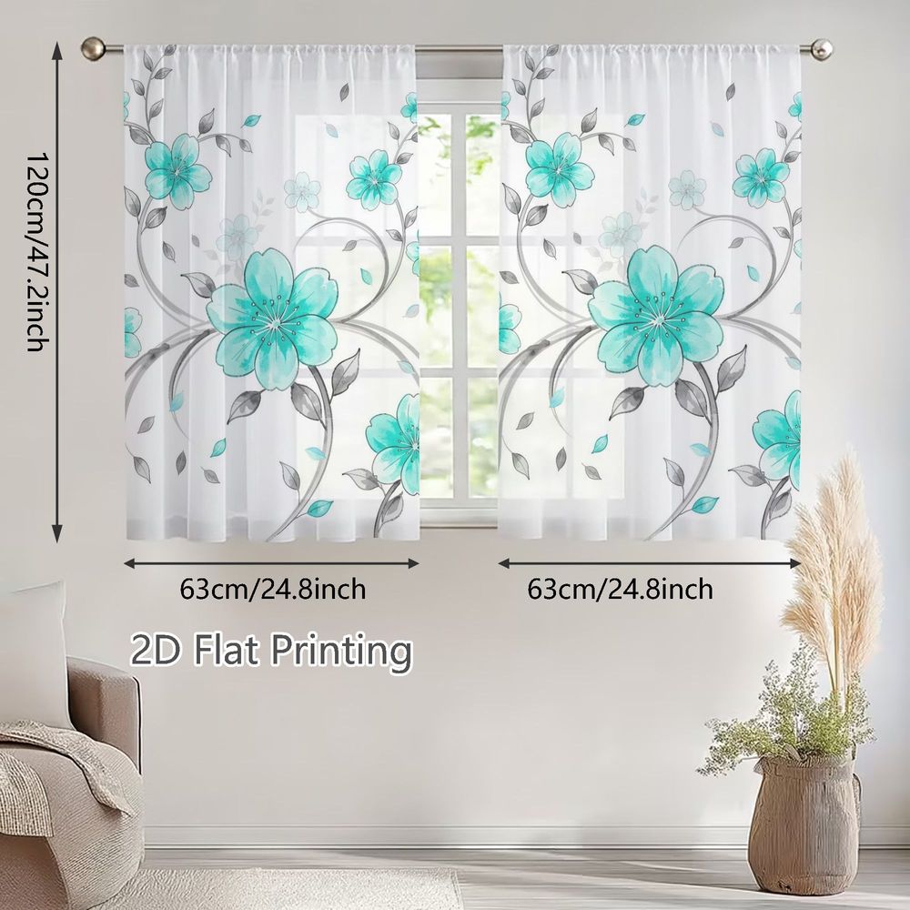 TEMU 2d Flat - 2d Flat - Set Of 2 Sheer Curtains In A 2d Flat Design, Featuring And Light Blue Floral Motif On A White Backdrop, Ideal For Enhancing