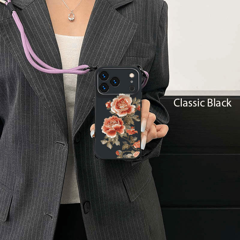 TEMU Phone Case - Fashionable Creative Green Leaf Red Flower Pattern Four-corner Anti-drop Hanging Rope Phone Case, Suitable For Iphone X/xr/xs/xs
