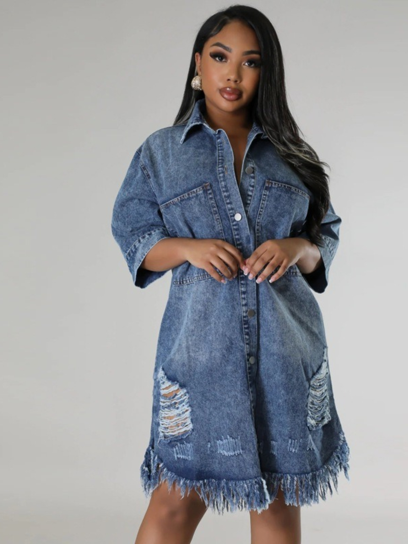 blue jean distressed dress Denim Distressed Mini Dress M