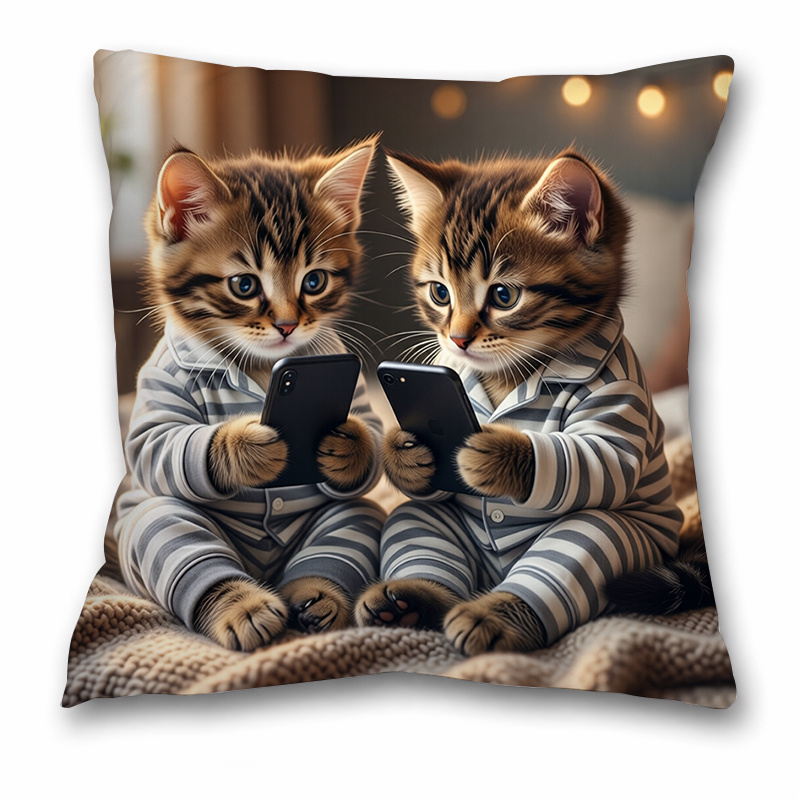 TEMU Housses de coussin décoratives, chatons adorables avec chatons en pyjama utilisant des téléphones, tonalité réaliste. Polyvalentes pour salon,
