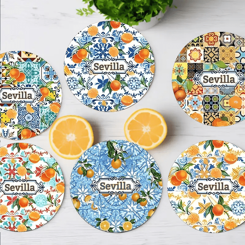TEMU Juego de 6 posavasos naranjas españoles, tapetes redondos de madera para bebidas, protectores de mesa resistentes al , adecuados para decoración