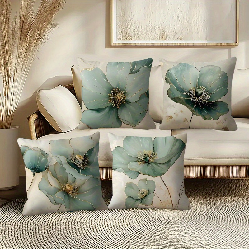 TEMU 4pcs Set, Turquoise Floral Pattern Pillow Covers, Green Plant Leaf Design, Square Sofa Cushion Covers With Zipper Closure, Single-sided Print