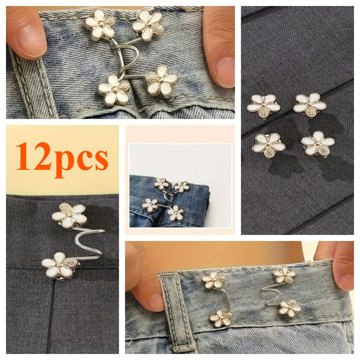 E-shop 12 Stück Blumenbundverstärker – Abnehmbarer, verstellbarer Jeans-Bauchfutter ohne Nähen, dekorative Metallblumenschließen für Hosen & Hose,