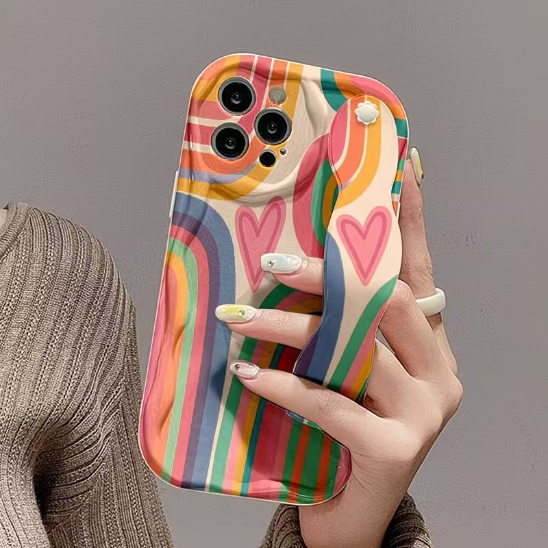 TEMU Phone Case - Dopamine Colorful Stripes Case With Wrist Strap Bracket, Full-coverage Anti-fall Protective Cover, Suitable For Iphone
