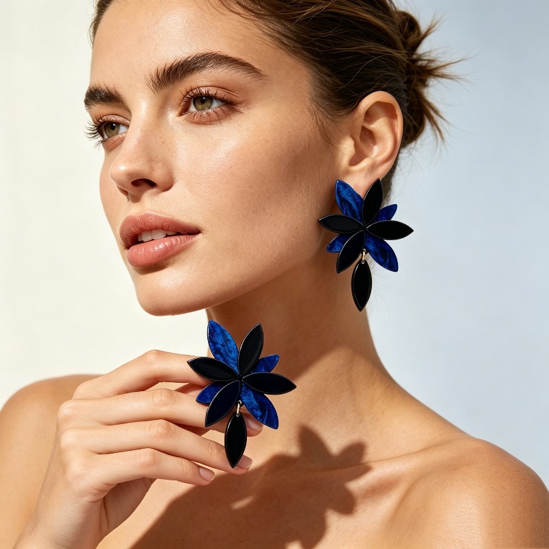 TEMU 2pcs Bohemian Style Creative High-end Geometric Blue And Black Contrast Large Petal Flower Women's Fashion Earrings, Suitable For Daily Wear,