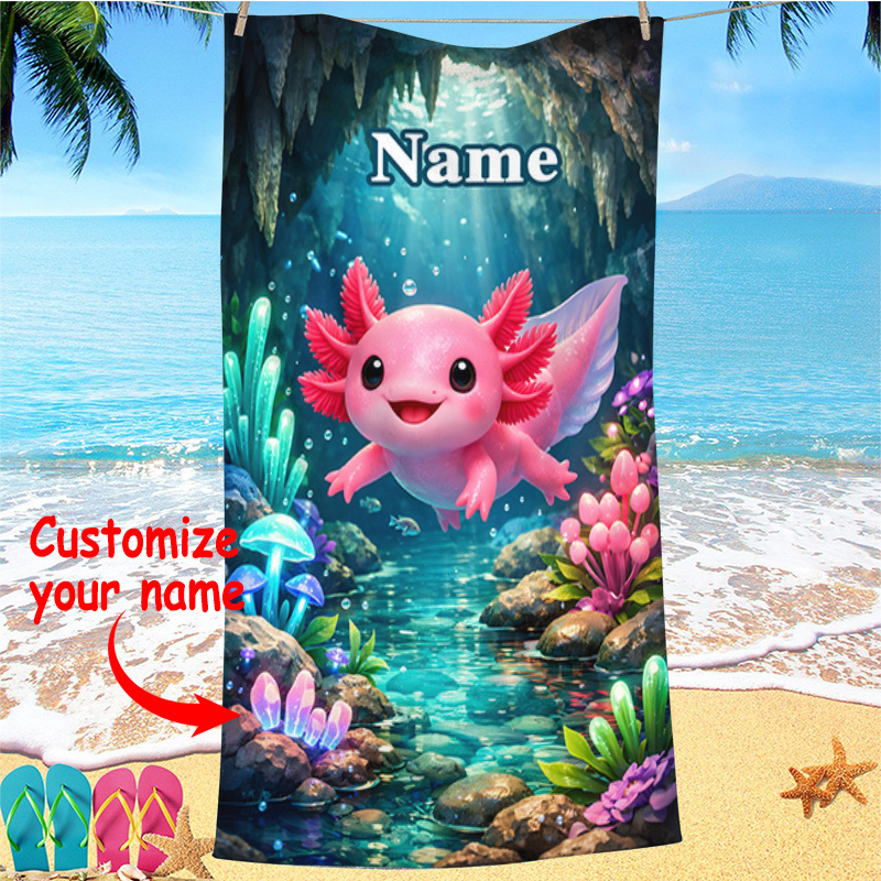 TEMU 1pc Axolotl Pattern Printed Beach Towel, Personalized Name Customization, Soft And Absorbent, Lightweight Beach Towel, Hand Washable/machine