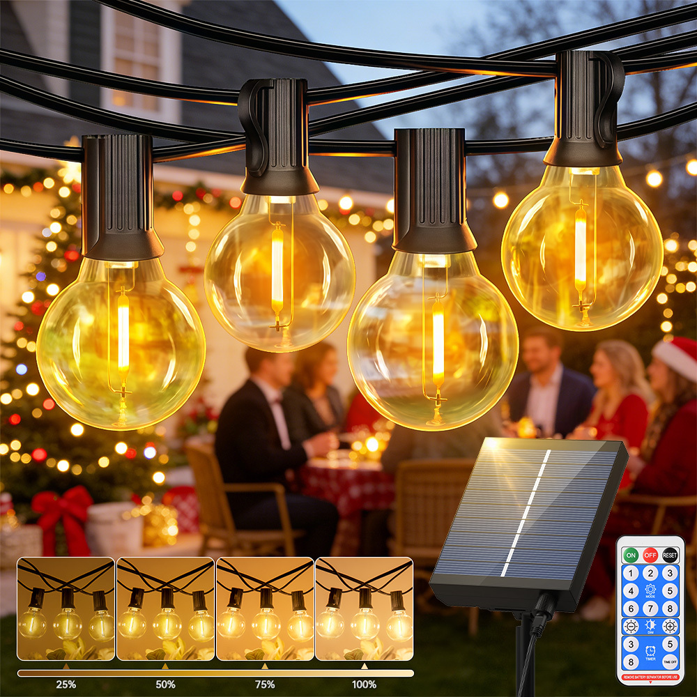 G40 Solar String Lights Outdoor Multiple Sizes, Led Shatterproof Bulbs E12 Base, Remote Control 8 (/fade/flash) & Timer, 2400mah Battery >8h , Solar For Patio Pergola Camping Wedding