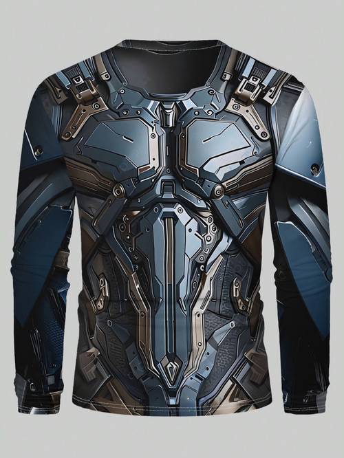 mens casual long sleeve t shirt in features a mech style chest plate with a precise metallic structure in blue and golden its soft and comfortable outdoor wear and autumn embodying street fashion
