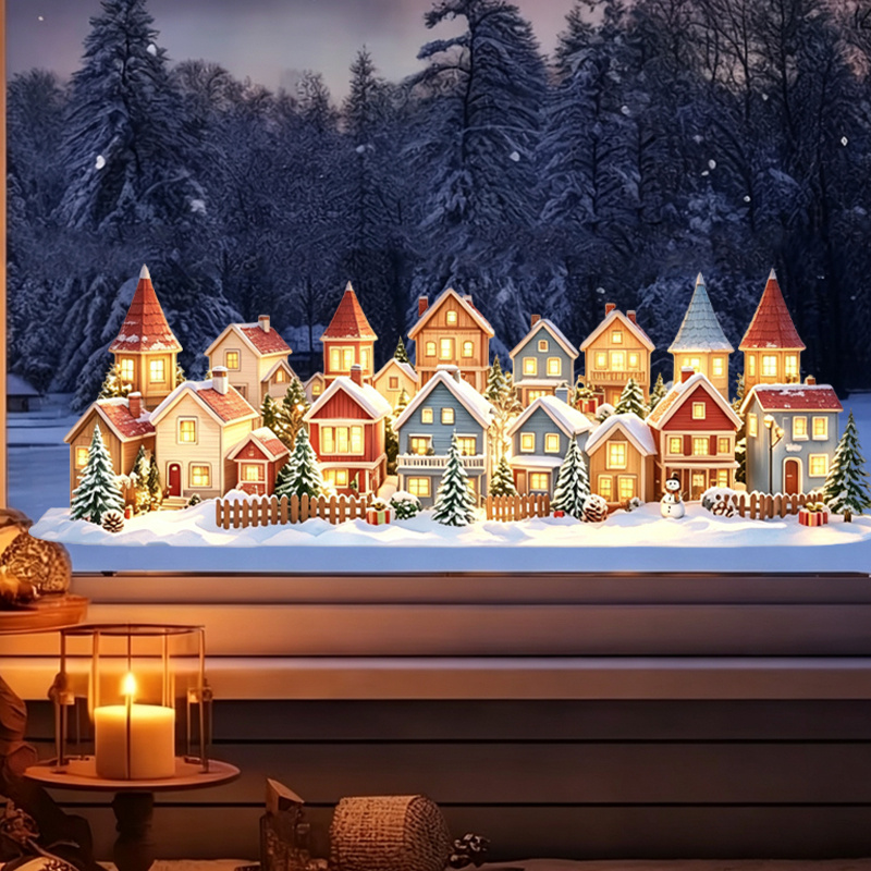 TEMU 1pc Static Cling Window Film Suitable For Home & Storefront - Pvc Window Sticker With Reusable Cedar Snow Village Scene, Double-sided Same-color