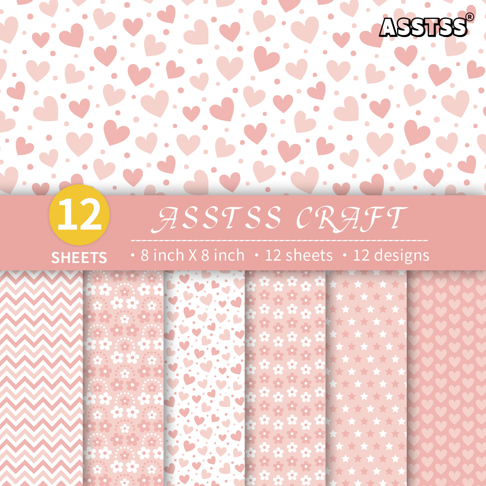 TEMU Lot de 12 feuilles de papier scrapbooking ASSTSS de 8 x 8 pouces, papier de base rose et floral géométrique shower, papier cartonné épais pour