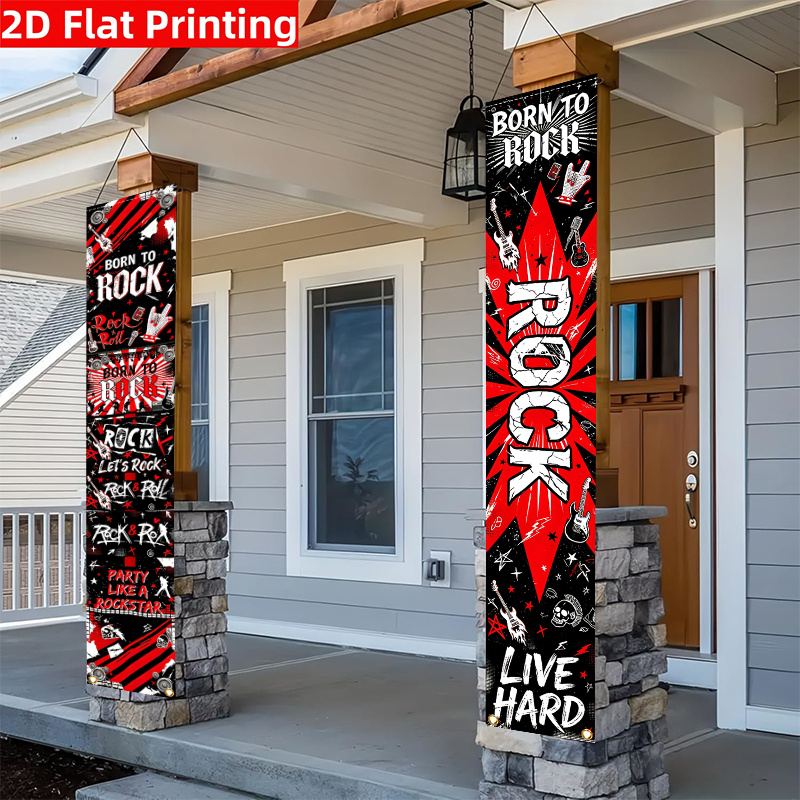 TEMU 2d Flat - 2d Door Banner 1 Pair 2d Flat Polyester Rock And Roll Door Banner Flag Rock Theme Party Banner Rock And Roll Party Decorations