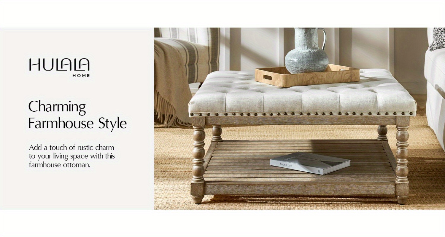 Rectangular Upholstered Coffee Table Ottoman Featuring Spindle Wooden Legs, Tufted Design, And a Solid Wood Storage Shelf for The Living Room