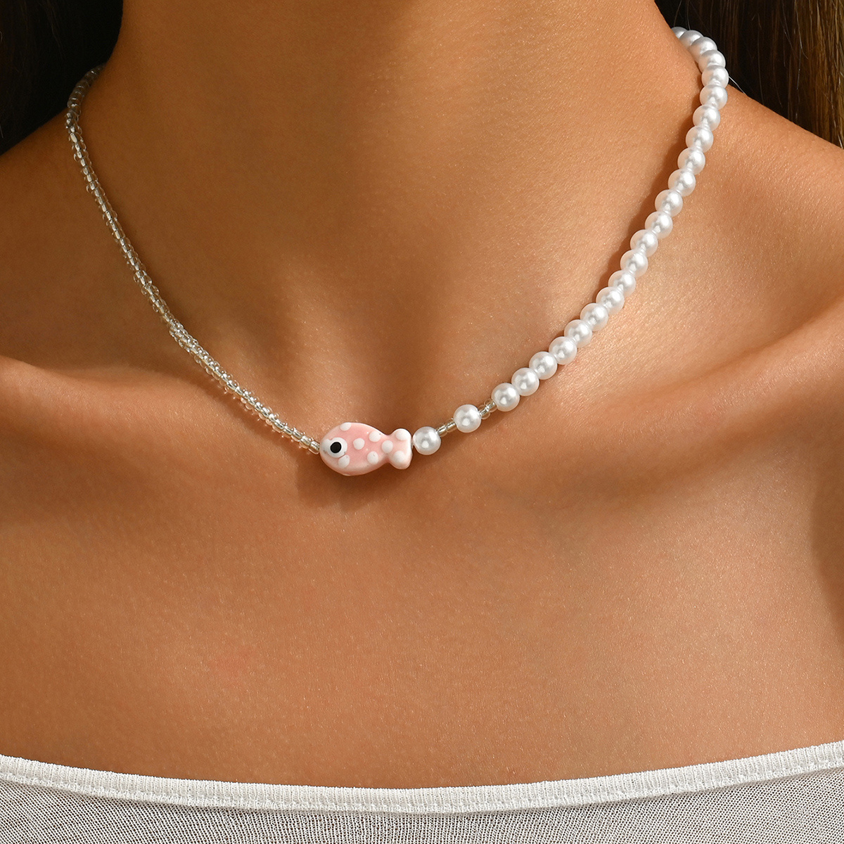 Women's Bohemian Ceramic Fish & Imitation Pearl Beaded Necklace