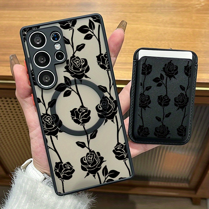 TEMU Phone Case - A Two-piece Set Featuring A Creative Black Rose Pattern Magnetic Phone Case And A Stylish Artificial Leather Magnetic . This