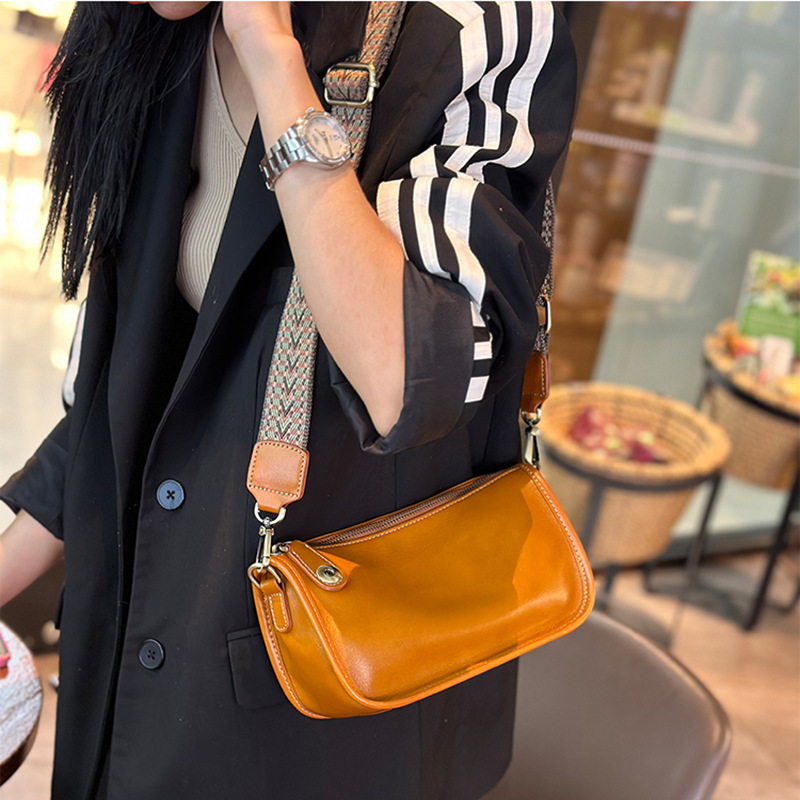 Soft Cowhide Small Square Bag with Wide Shoulder Strap