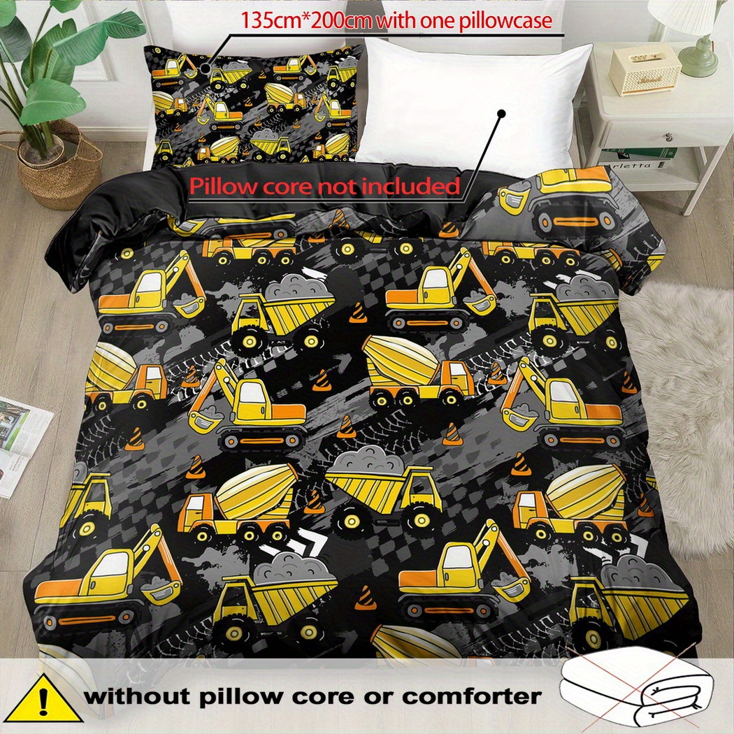 TEMU Construction Vehicle Pattern Duvet Cover Set - 2/3pcs, Soft Comfortable Breathable, Construction Vehicle Print Bedding Set, Construction Vehicle