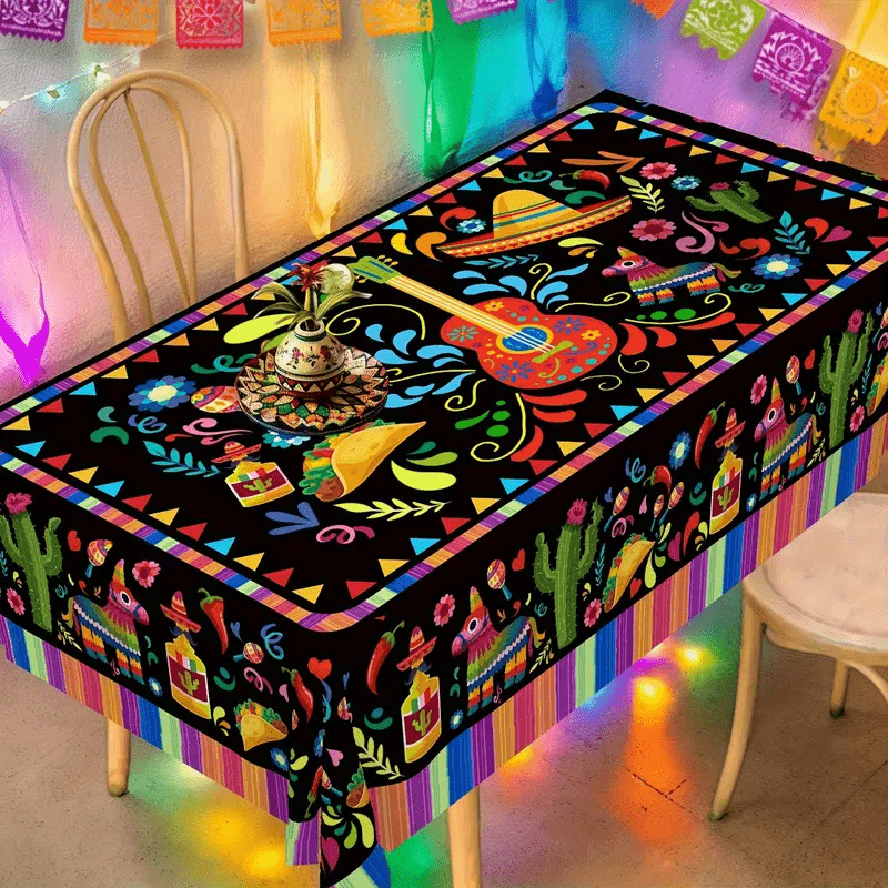 TEMU 2d Flat Tablecloth 1pc Vibrant Mexican Tablecloth - Polyester With Colorful Floral And Cactus Design, And Independence Day Celebrations,