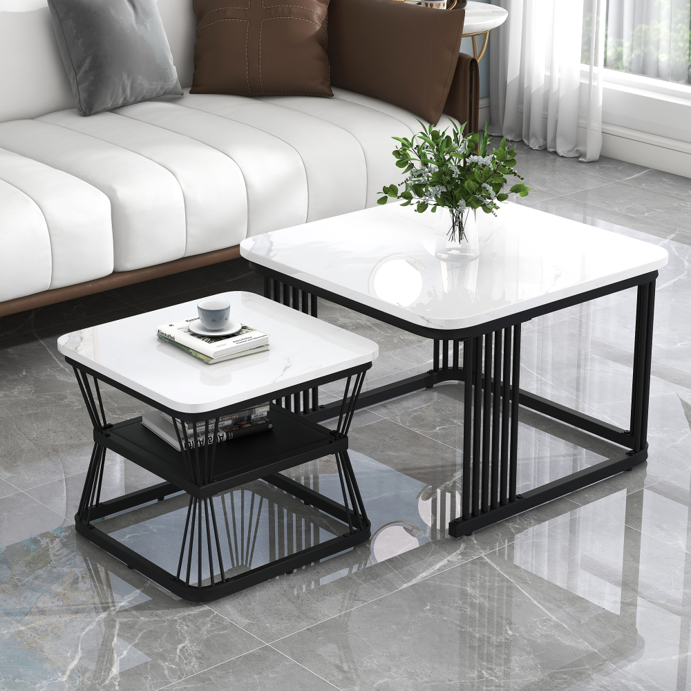 TEMU Coffee Table | Set Of 2 Modern Side Tables | Marble | The Dimensions Of Tables Are 65x65x45 Cm And 45x45x39.5 Cm Respectively