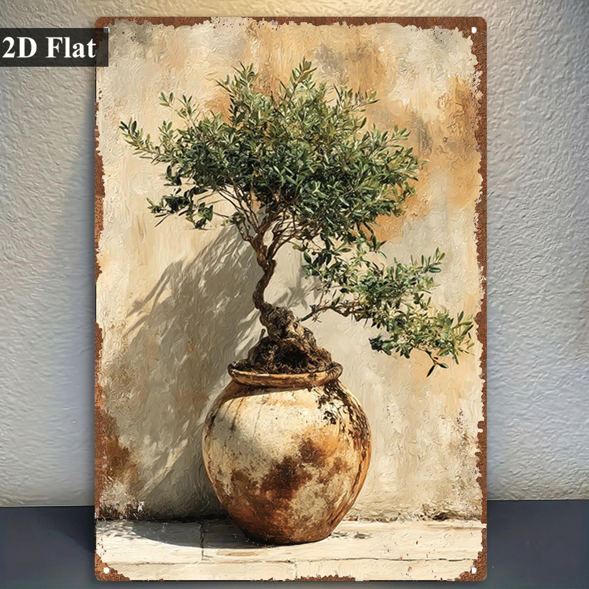 TEMU 2d Flat - Retro Wooden Tin Sign, Depicting An Olive Tree Ancient Jar, Perfect For Decorating Kitchens, Living Rooms, Offices, Cafes, And