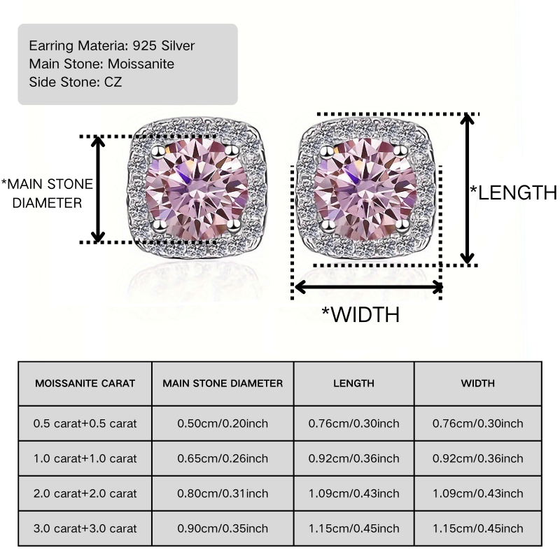 Women's 0.5/1/2/3 Carat Stylish Pink Moissanite Stud Earrings