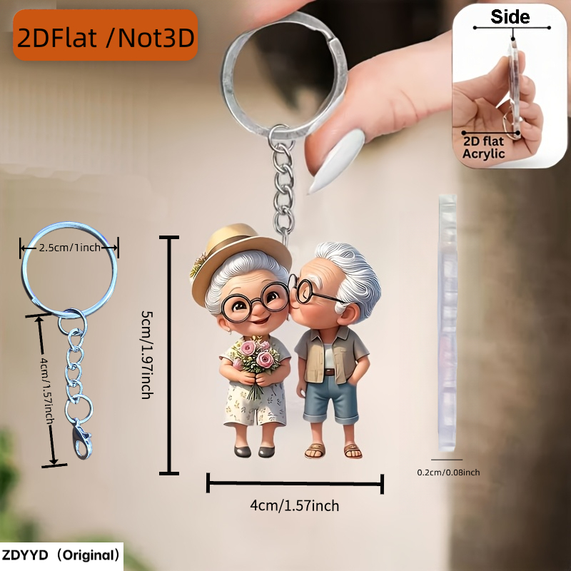 TEMU 2d Flat, Elderly Couple Acrylic Car Keychain, Perfect For Valentine's Day, Anniversaries, And Small Gifts, Artwork, 2d Flat Christmas Decoration