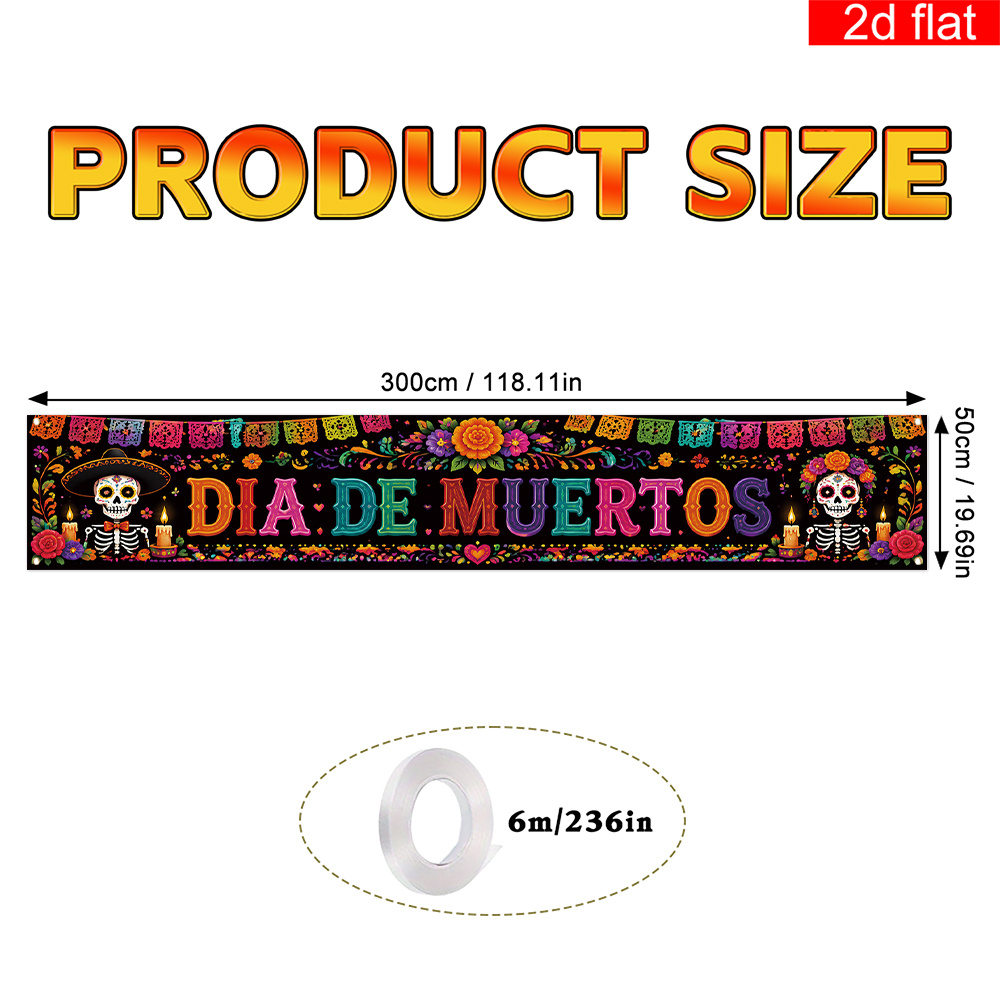 TEMU Plat 2D, Bannière Plate 2D, 1 pièce, Bannière de Fête pour Patio sur le Thème du Jour des Morts Mexicain, Panneau de Patio avec Chapeau à Large