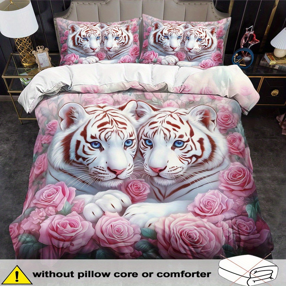 TEMU Tiger Theme Down Comforter Cover Set - 2/3pcs, Soft Comfortable Breathable, Animal Floral Pattern Printed Bedding, Tiger Print Duvet Cover Set,