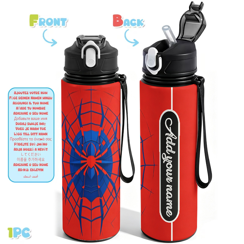 TEMU Custom Personalized Photo Image And Name Text Water Bottle 1pc 750ml 25oz Leakproof Sports Water Bottle Cup Blue With Red Accents Set Against A