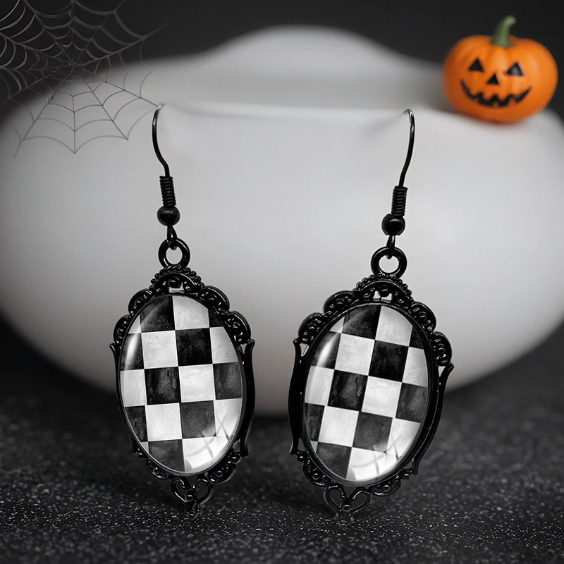 TEMU 1 Pair Black And White Chess Grid Black Lace Earring Oval Dangle Earrings Handcraft Glass Dome Earring Gift Friend