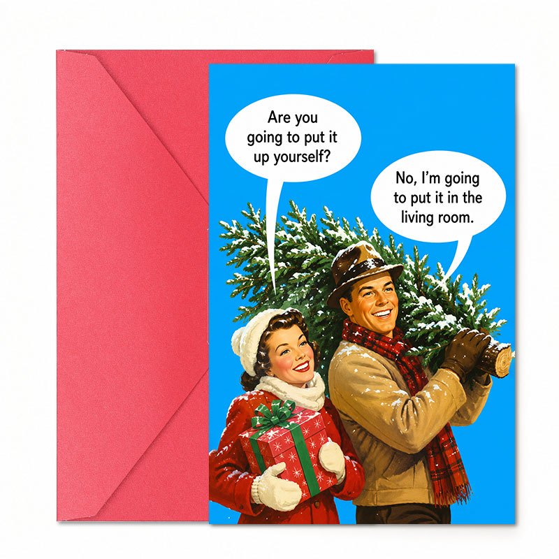 1pc Funny Christmas Greeting Card With Envelope, Retro Couple Carrying Christmas Tree Illustration, Humorous For Husband Wife Boyfriend Girlfriend Partner