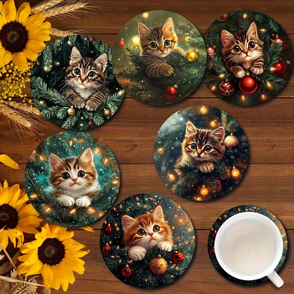 TEMU 6pcs Wooden Coaster Set - 2d Printed Christmas Tree And Cute Cat Art Design, Perfect For Drinks, Coffee, And Tea - , Bar, And Restaurant
