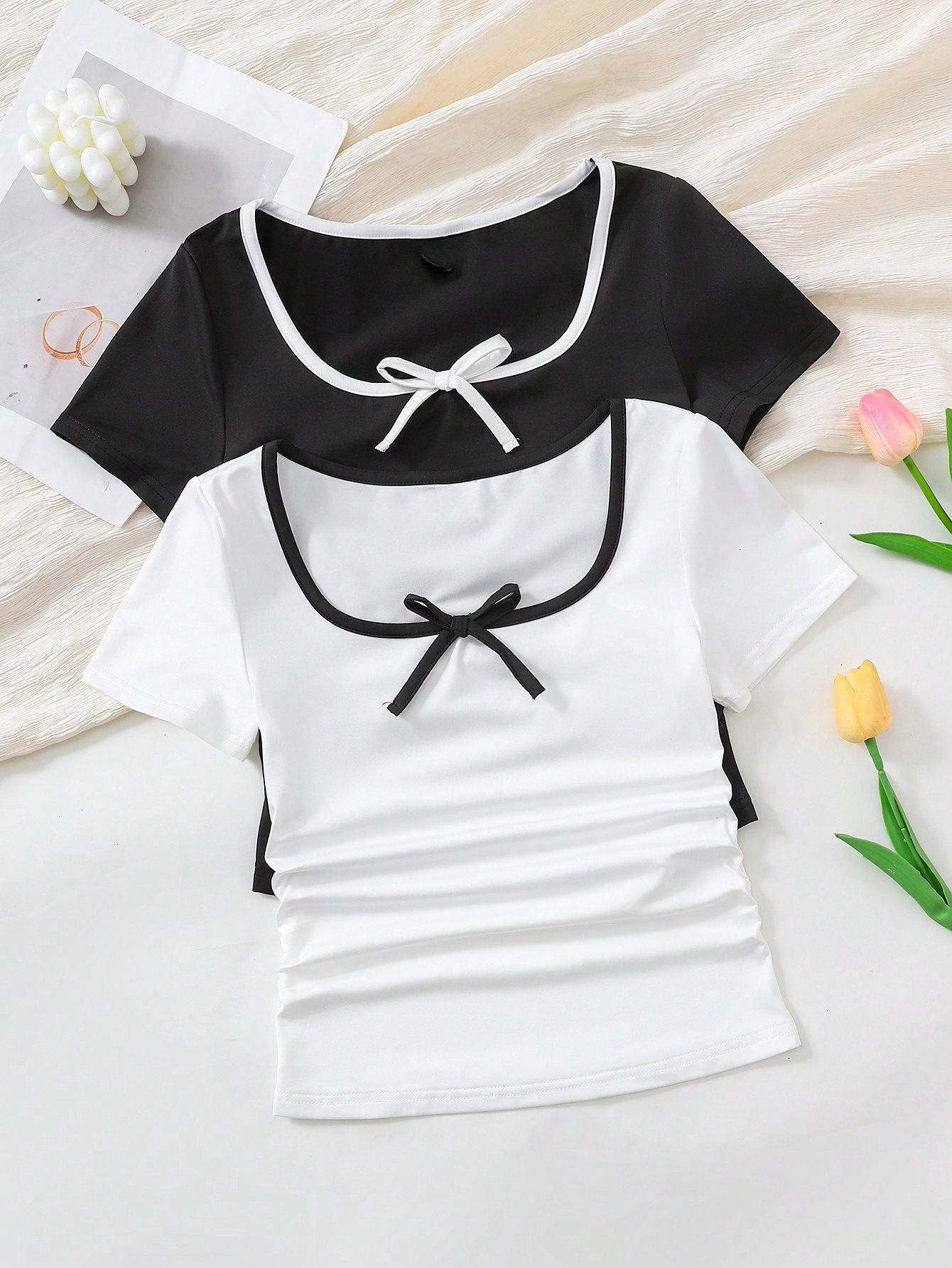 2pcs tween girl casual simple comfortable contrast binding bow decor u neck square collar ruched short sleeve knit t shirt set Product details 0