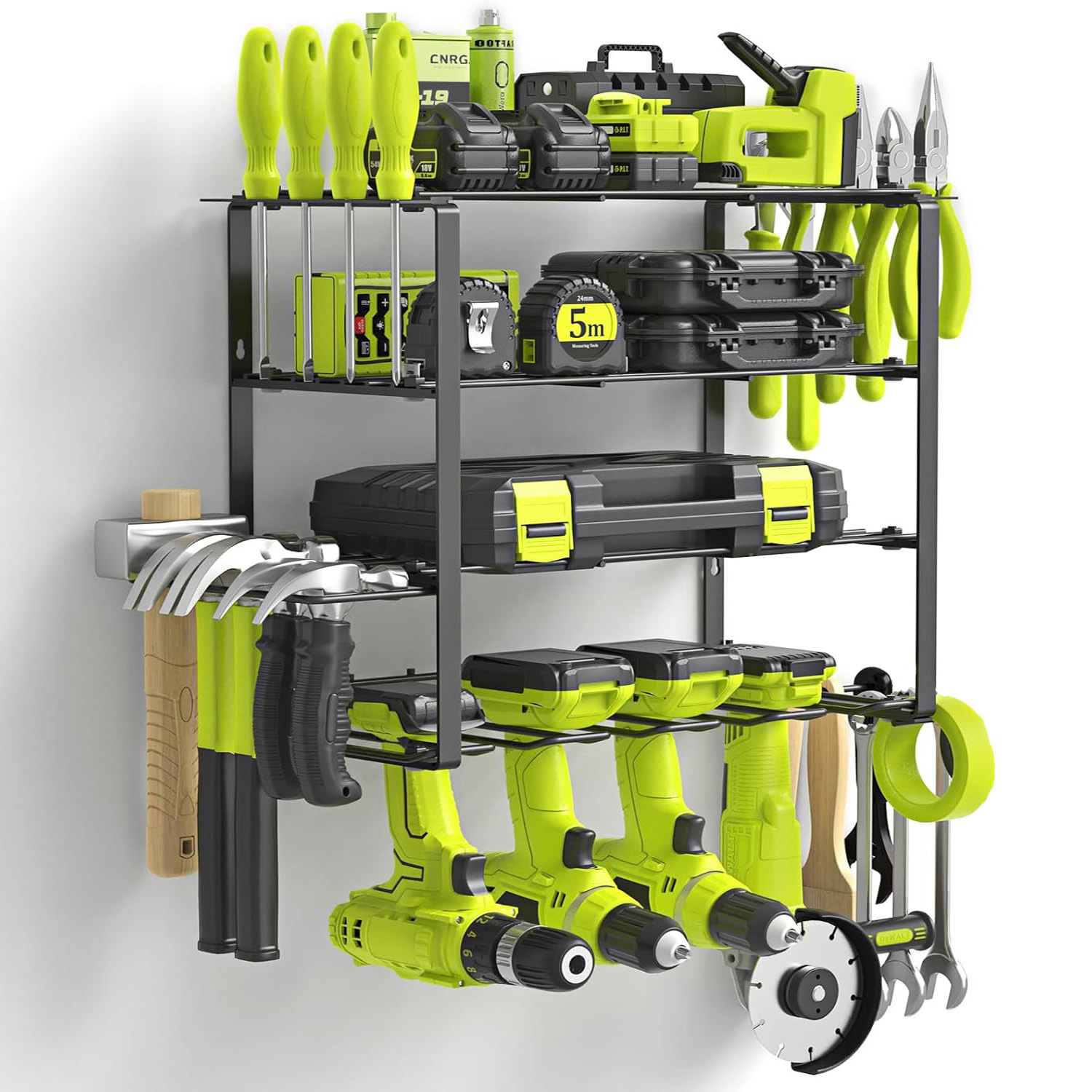 TEMU Wall-mounted Organizer For Power Tools - Features 4 Drill Slots, A Metal Storage Rack With 4 Tiers, And Holders For Screwdrivers, Pliers, And
