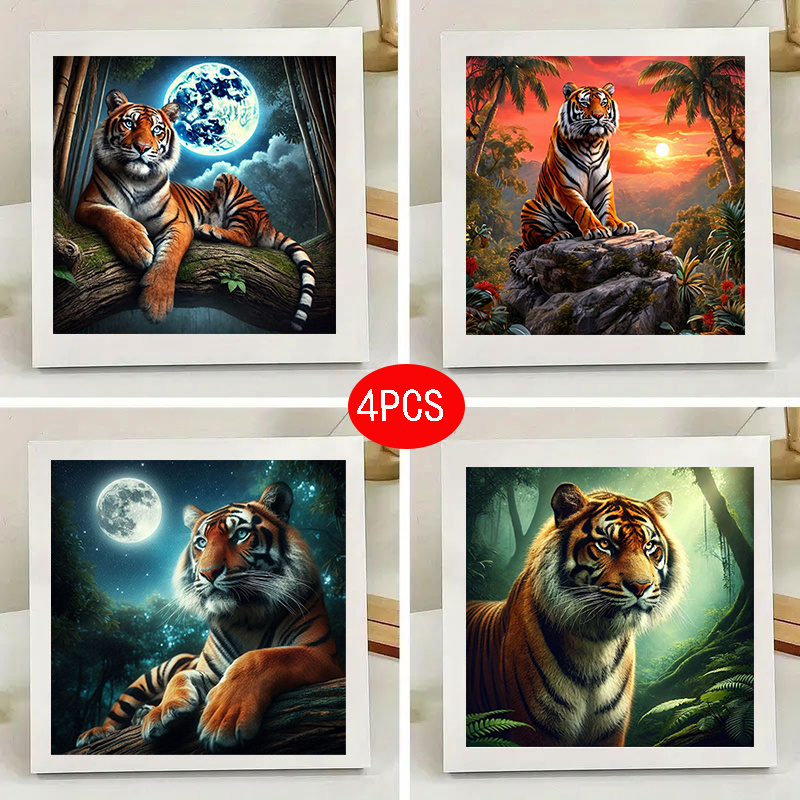 TEMU 4pcs Diamond Painting Set, Tiger Round Full .87x 7.87inch, Adult Mosaic Diamond Kit Perfect For Room Wall Decoration, Hanging Paintings, And