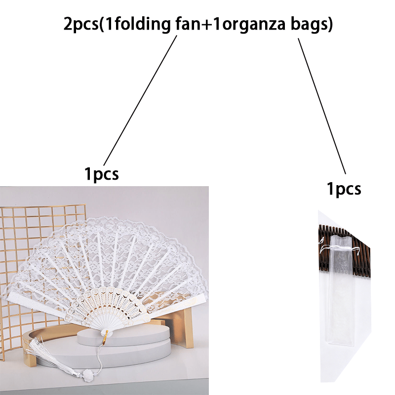 TEMU 2pcs(1folding 1organza Bags)elegant White Lace Folding Fan, Decorative Handheld Fan For Wedding, Halloween, Prom, Cosplay, Themed Party& Holiday