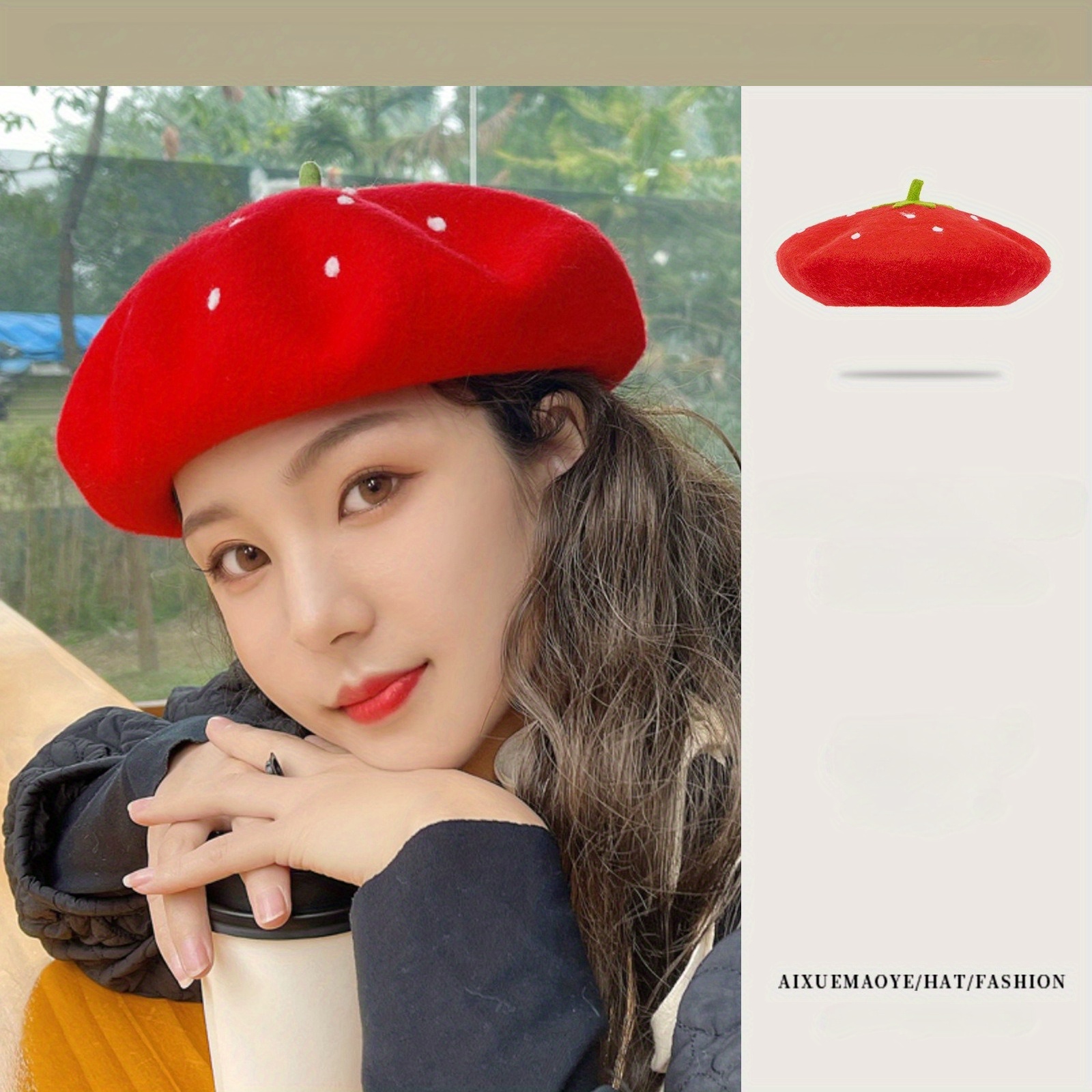 Beret Strawberry Green Leaf Red Ribbon Hat Cap Headwear Ladies/Women’s Zasy Casual Wool Beret Hat for Women - Handmade French  main image 3