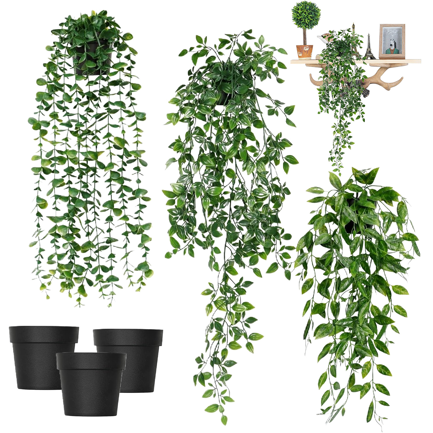 TEMU Set mit 3 realistischen Hängepflanzen | Eukalyptus Erbsenblüte künstliche Grünbündel Deko für Wohnzimmer, Schlafzimmer, Büro, Veranda, Innen- &