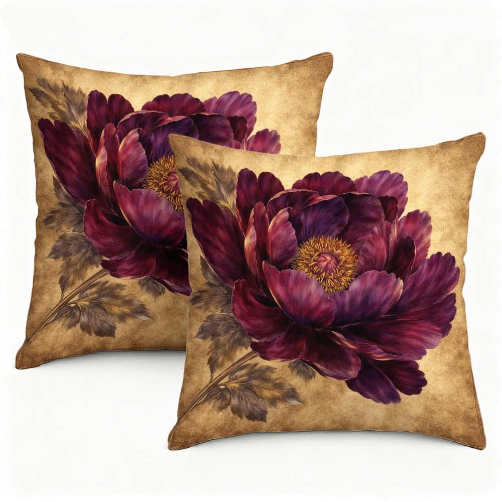 TEMU 2pcs Valentine's Day Throw Pillow Covers, Vintage Floral Printed Cushion Covers With Romantic Dark Purple Peony & Golden , Home Bedding Sofa