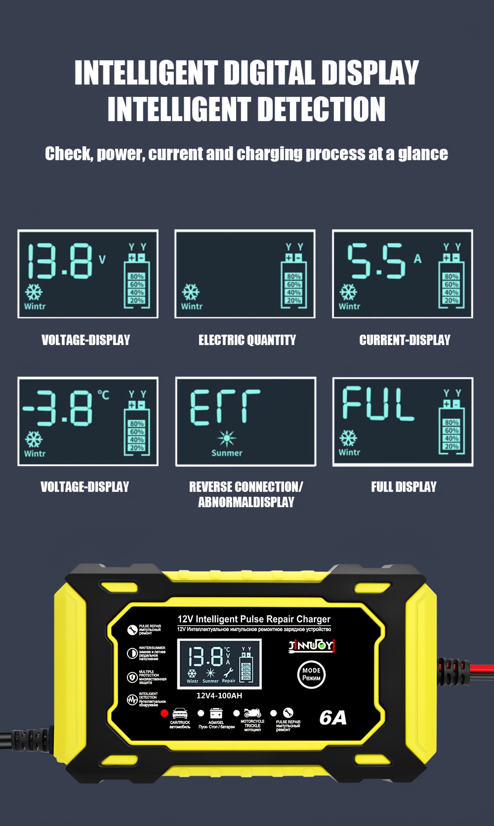 12v 6a паметен полнач за поправка со   и lcd дисплеј | погоден за  , камиони, мотоцикли, косилки за трева и чамци - продолжен век на батеријата, заштита од прегревање, детекција на поларитет, автоматски режим, ce/, без батерија Детали за производот 10